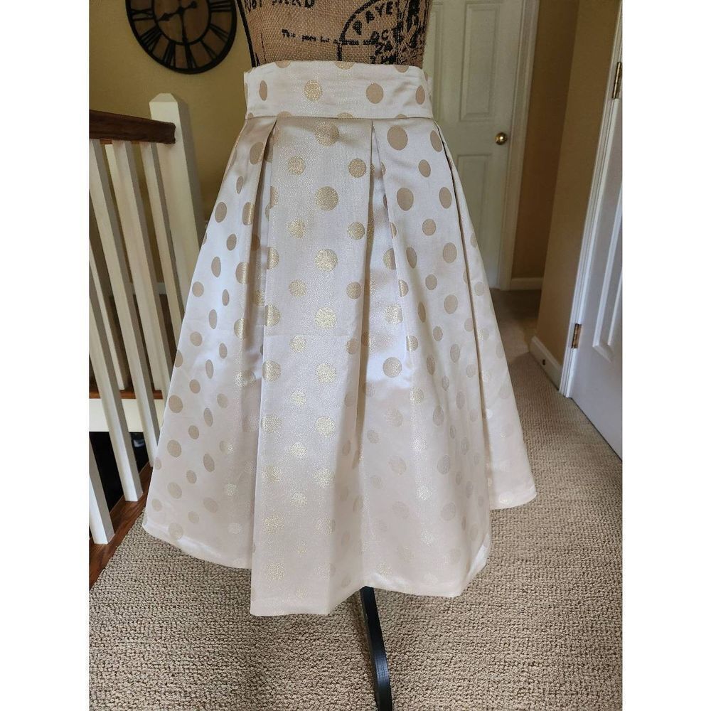 Beautiful, Eliza J Midi Skirt, Cream w/Gold Polka Dots, Size 10